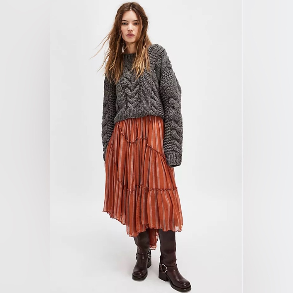 Free People One Ember Printed Flowy Midi Skirt In Terracotta Stripe - Picture 4 of 15